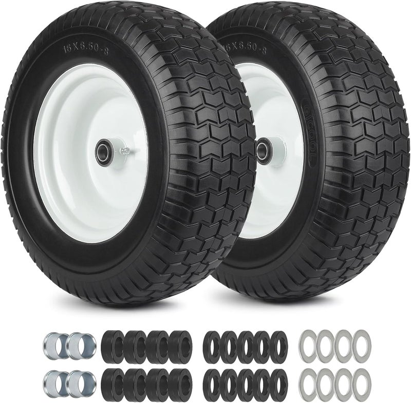 GICOOL 16x6.50-8 Flat Free Riding Lawn Mower Tire and Wheel, 2 Pcs 16x6.5-8nhs Garden Tractor Lawnmower Tyre, with 3/4" & 5/8" Bearing, 3" -4.5" -6" Centered Hub - Image 1